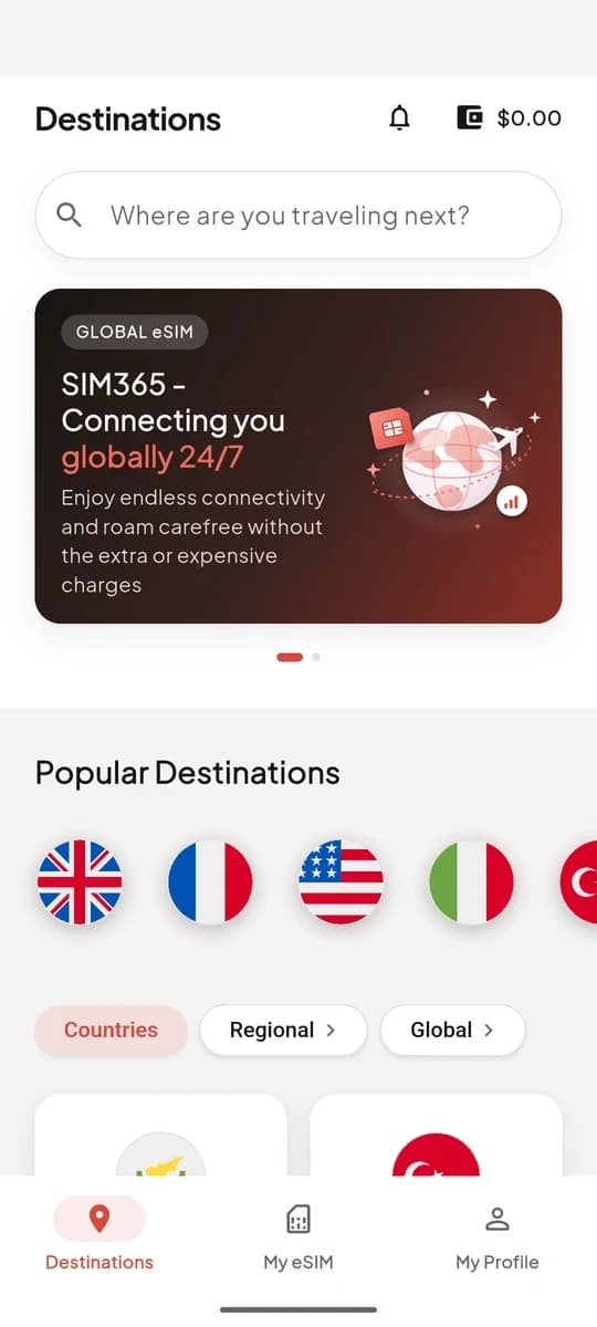 The SIM365 app — Choose your destination